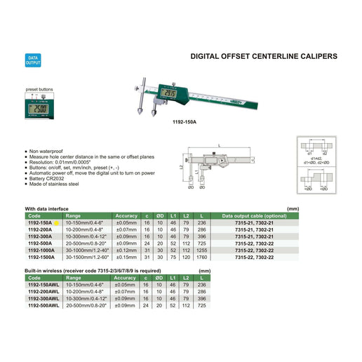 INSIZE Measuring Equipment Insize Digital Offset Caliper 10-150mm Range Series 1192-150A