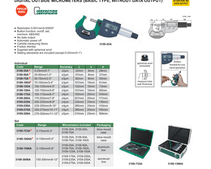 INSIZE MEASURING EQUIPMENT Insize Digital Outside Micrometer 275–300 mm Range Series 3109-300A