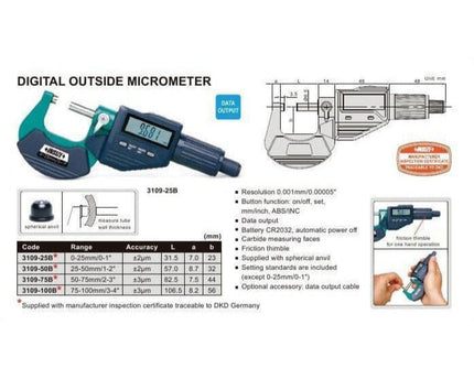 INSIZE Measuring Equipment Insize Digital Outside Micrometer 50-75mm/2-3" Range Series 3109-75A