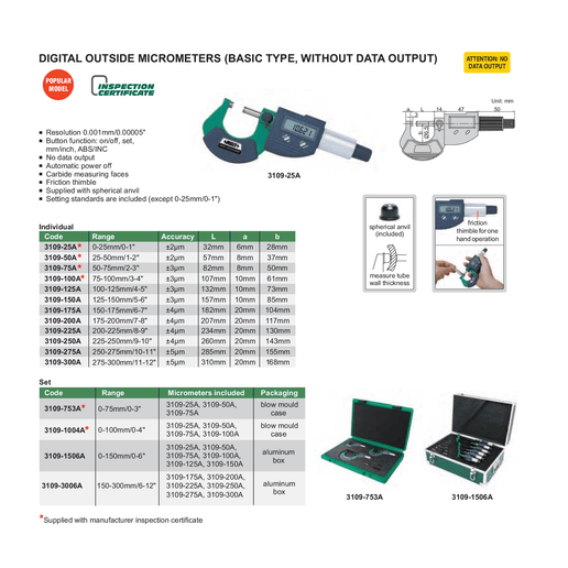 INSIZE MEASURING EQUIPMENT Insize Digital Outside Micrometer Set 0–100 mm Range Series 3109-1004A