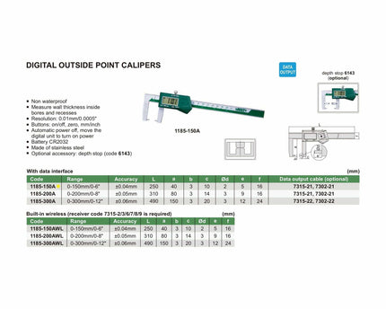 INSIZE Measuring Equipment Insize Digital Outside Point Caliper 0-150mm/0-6" Range Series 1185-150A
