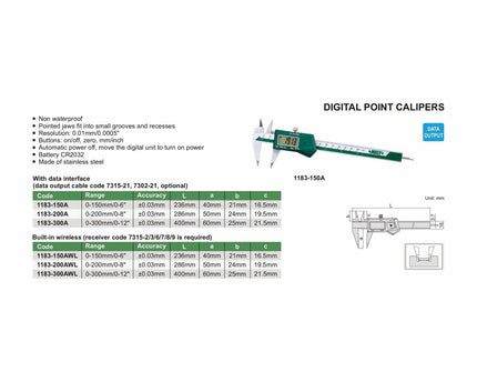 INSIZE Measuring Equipment Insize Digital Point Caliper 0-150mm/0-6" Range Series 1183-150A