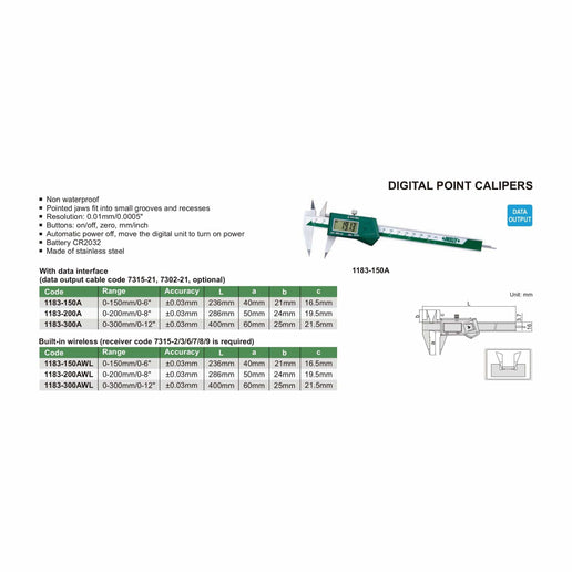 INSIZE Measuring Equipment Insize Digital Point Caliper 0-150mm/0-6" Range Series 1183-150A