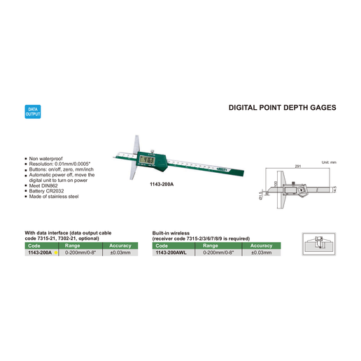 INSIZE Measuring Equipment Insize Digital Point Depth Gauge 0-200mm x 0.01mm Range Series 1143-200A
