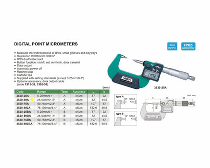 INSIZE Measuring Equipment Insize Digital Point Micrometer 25-50mm/1-2" Range Series 3530-50A
