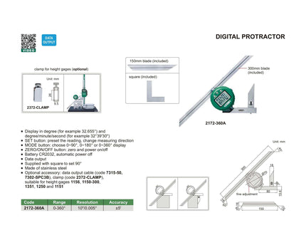 INSIZE Measuring Equipment Insize Digital Protractor 0-360° Range Series 2172-360A