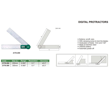 INSIZE Measuring Equipment Insize Digital Protractor 200mm 0-360° Range Series 2176-200