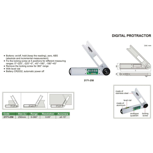 INSIZE Measuring Equipment Insize Digital Protractor 250mm 0-360° Range Series 2171-250