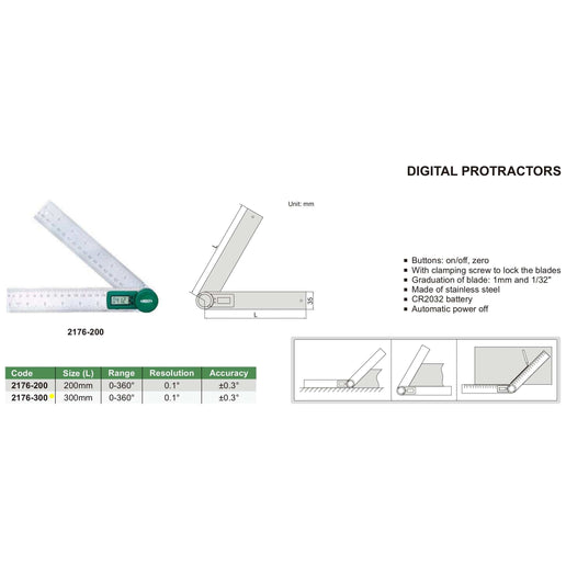 INSIZE Measuring Equipment Insize Digital Protractor 300mm 0-360° Range Series 2176-300