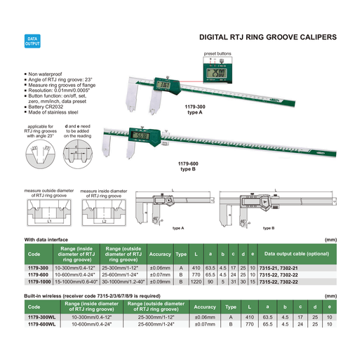 INSIZE Measuring Equipment Insize Digital RTJ Ring Groove Caliper 0-300mm/0.4-12" Range Series 1179-300