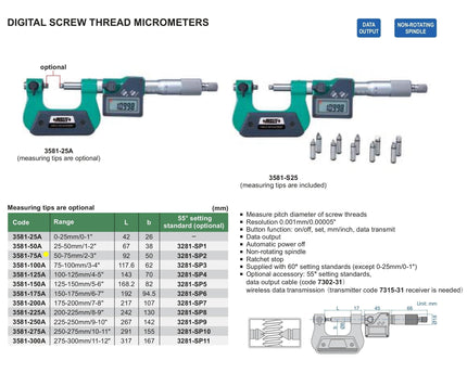 INSIZE Measuring Equipment Insize Digital Screw Thread Micrometer 50-75mm/2-3" Range Series 3581-75A