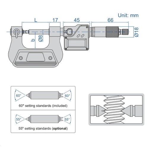 INSIZE Measuring Equipment Insize Digital Screw Thread Micrometer 50-75mm/2-3" Range Series 3581-75A