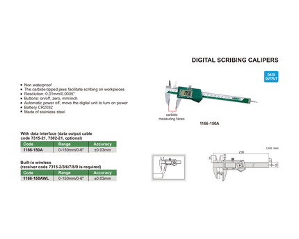 INSIZE Measuring Equipment Insize Digital Scribing Caliper 0-150mm/0-6" Range Series 1166-150A