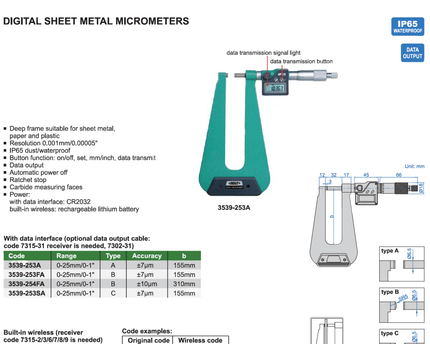 INSIZE Measuring Equipment Insize Digital Sheet Metal Micrometer 0–25 mm / 0–1" Series 3539-253FA