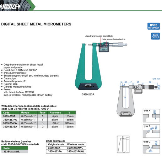 INSIZE Measuring Equipment Insize Digital Sheet Metal Micrometer 0–25 mm / 0–1" Series 3539-253FA