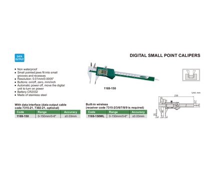 INSIZE Measuring Equipment Insize Digital Small Point Caliper 0-150mm/0-6" Range Series 1169-150