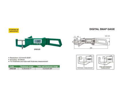 INSIZE Measuring Equipment Insize Digital Snap Gauge 0-25mm/0-1" Range Series 2163-25