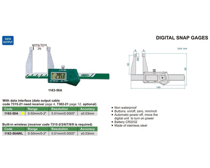INSIZE Measuring Equipment Insize Digital Snap Gauge 0-50mm/0-2" Range Series 1163-50A