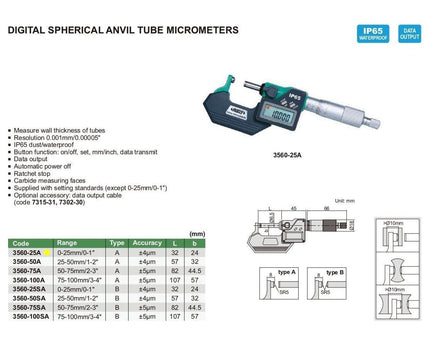 INSIZE MEASURING EQUIPMENT Insize Digital Spherical Anvil Tube Micrometer 0-25mm/0-1" Range Series 3560-25A