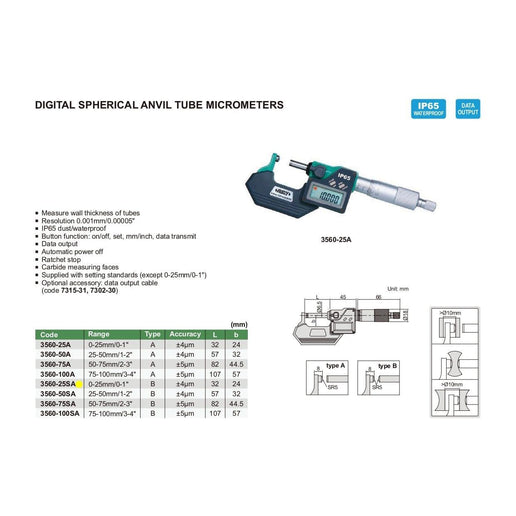INSIZE Measuring Equipment Insize Digital Spherical Anvil Tube Micrometer 0-25mm/0-1" Range Series 3560-25SA