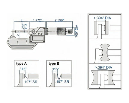 INSIZE Measuring Equipment Insize Digital Spherical Anvil Tube Micrometer 0-25mm/0-1" Range Series 3560-25SE