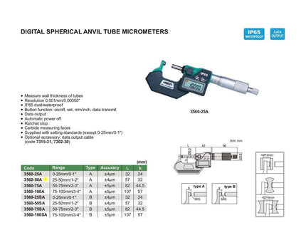 INSIZE Measuring Equipment Insize Digital Spherical Anvil Tube Micrometer 25-50mm/1-2" Range Series 3560-50A