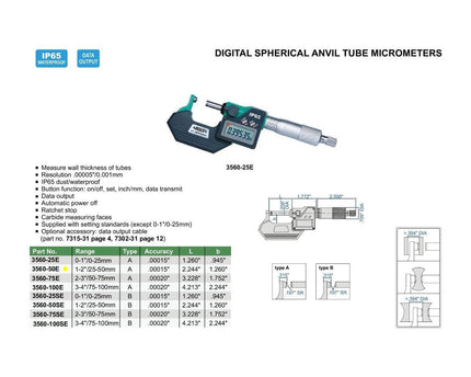 INSIZE Measuring Equipment Insize Digital Spherical Anvil Tube Micrometer 25-50mm/1-2" Range Series 3560-50E