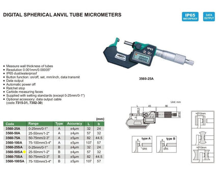 INSIZE Measuring Equipment Insize Digital Spherical Anvil Tube Micrometer 25-50mm/1-2" Range Series 3560-50SA