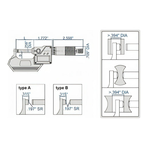 INSIZE Measuring Equipment Insize Digital Spherical Anvil Tube Micrometer 25-50mm/1-2" Range Series 3560-50SE