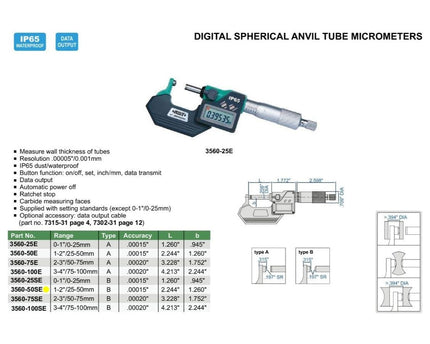 INSIZE Measuring Equipment Insize Digital Spherical Anvil Tube Micrometer 25-50mm/1-2" Range Series 3560-50SE