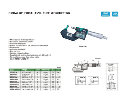 INSIZE Measuring Equipment Insize Digital Spherical Anvil Tube Micrometer 50-75mm/2-3" Range Series 3560-75A