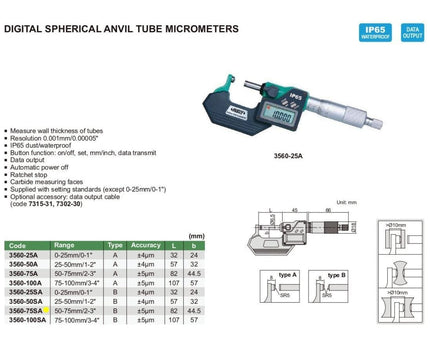 INSIZE Measuring Equipment Insize Digital Spherical Anvil Tube Micrometer 50-75mm/2-3" Range Series 3560-75SA