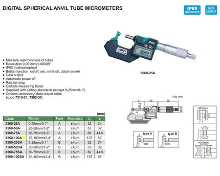 INSIZE Measuring Equipment Insize Digital Spherical Anvil Tube Micrometer 75-100mm/3-4" Range Series 3560-100A