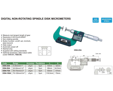 INSIZE Measuring Equipment Insize Digital Spindle Disc Micrometer 0-25mm Range Series 3594-25A