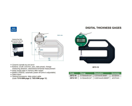 INSIZE Measuring Equipment Insize Digital Thickness Gauge 0-10mm/0-0.4" Range Series 2872-10