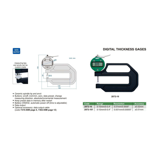 INSIZE Measuring Equipment Insize Digital Thickness Gauge 0-10mm/0-0.4" Range Series 2872-10