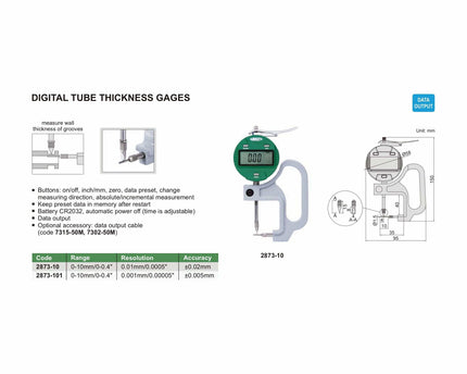 INSIZE Measuring Equipment Insize Digital Thickness Gauge 0-10mm/0-0.4" Range Series 2873-10