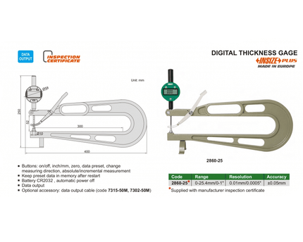 INSIZE Measuring Equipment Insize Digital Thickness Gauge 0–25 mm Range Series 2860-25