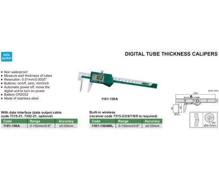 INSIZE Measuring Equipment Insize Digital Tube Thickness Caliper 0-150mm/0-6" Range Series 1161-150A