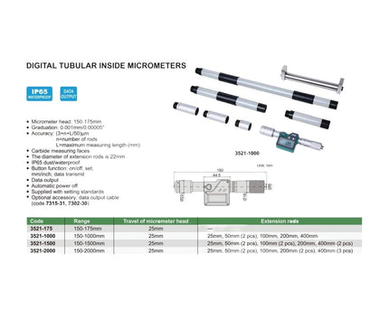 INSIZE Measuring Equipment Insize Digital Tubular Inside Micrometer 150–1000 mm Range Series 3521-1000