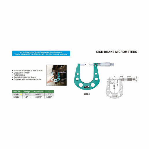 INSIZE Measuring Equipment Insize Disc Brake Micrometer 0.3-1.3" Range Series 3288-1