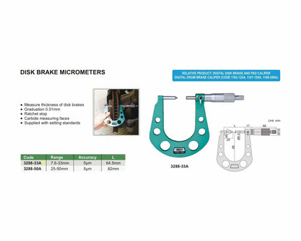 INSIZE Measuring Equipment Insize Disc Brake Micrometer 7.6-33mm Range Series 3288-33A