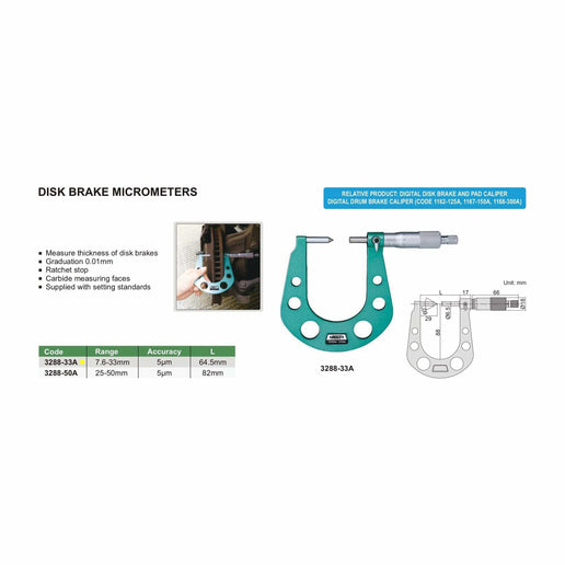 INSIZE Measuring Equipment Insize Disc Brake Micrometer 7.6-33mm Range Series 3288-33A