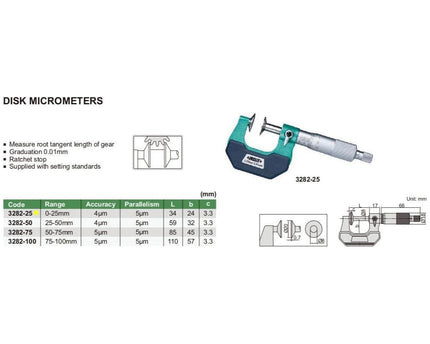 INSIZE Measuring Equipment Insize Disc Micrometer 0-25mm Range Series 3282-25