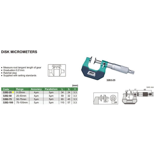 INSIZE Measuring Equipment Insize Disc Micrometer 0-25mm Range Series 3282-25