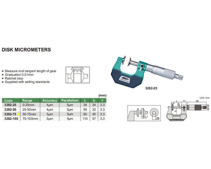 INSIZE Measuring Equipment Insize Disc Micrometer 50-75mm Range Series 3282-75