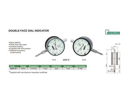 INSIZE Measuring Equipment Insize Double Face Dial Test Indicator 10mm x 0.1mm Range Series 2328-10