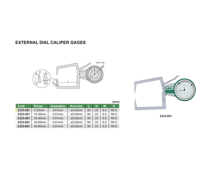 INSIZE Measuring Equipment Insize External Dial Caliper Gauge 0-20mm Range Series 2333-201