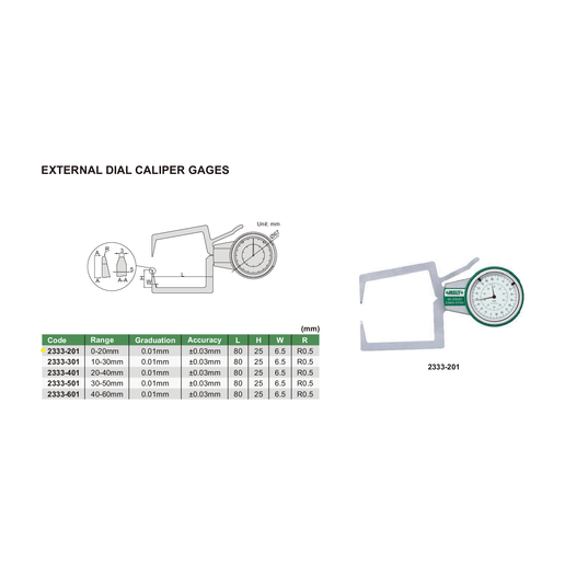 INSIZE Measuring Equipment Insize External Dial Caliper Gauge 0-20mm Range Series 2333-201