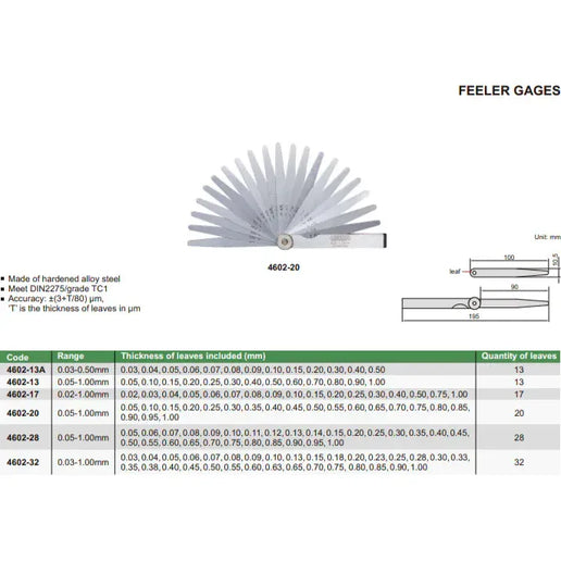 INSIZE MEASURING EQUIPMENT Insize Feeler Gauge 13pc Set 0.03-0.50mm Range Series 4602-13A